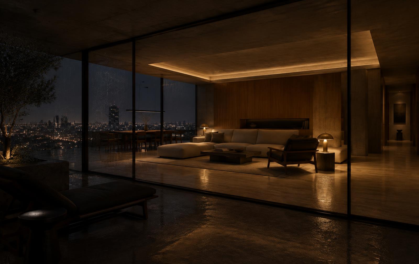 Night rendering of a concrete and oak living space lit at 3599K, seen through full-height glazing toward a rain-flecked city skyline