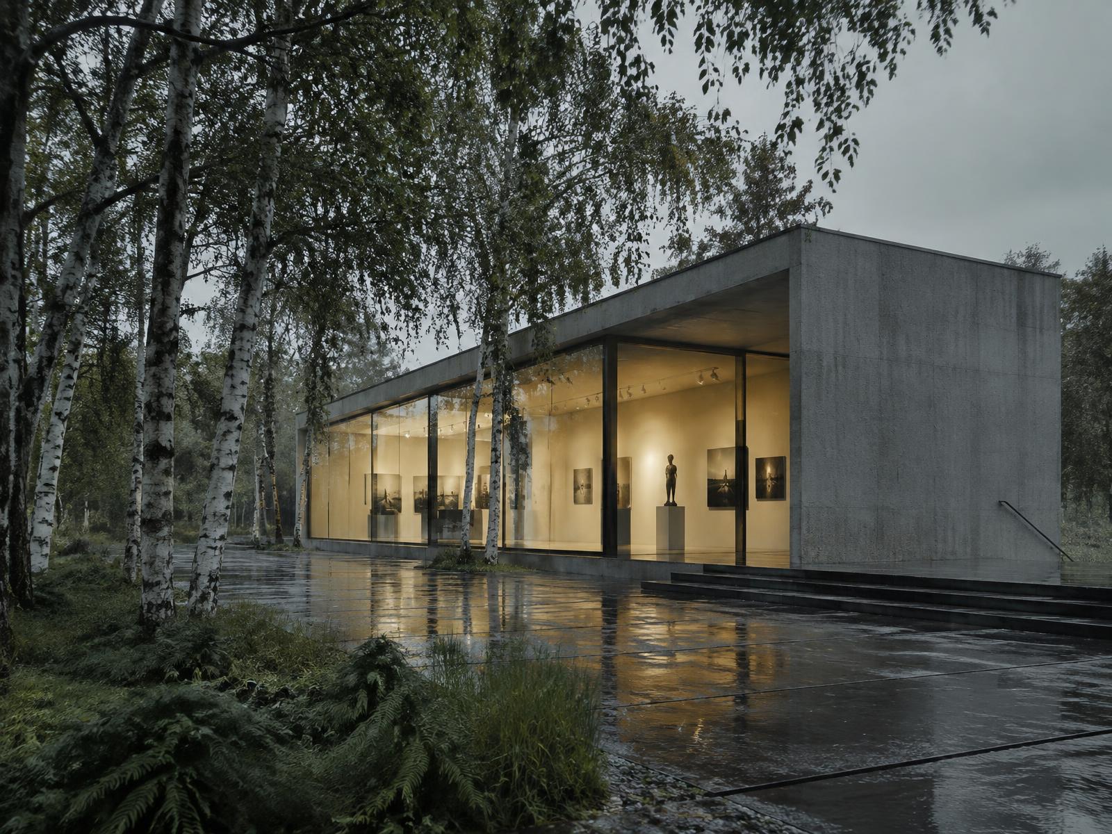 Concrete and glass gallery pavilion in a birch grove under overcast rain, wet paving reflecting warm interior light