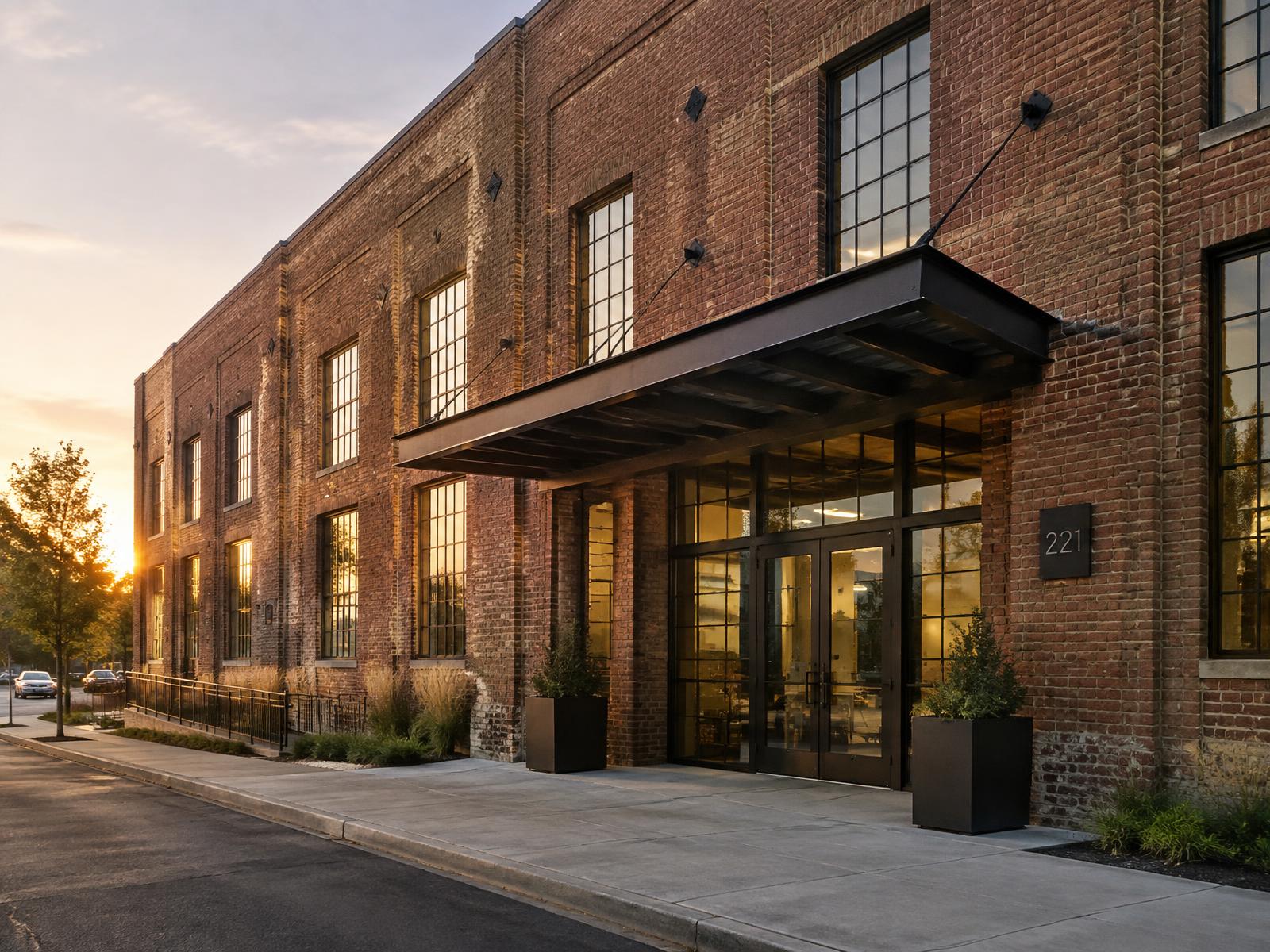 Brick warehouse converted to offices with a steel entry canopy, shown at golden hour from street level