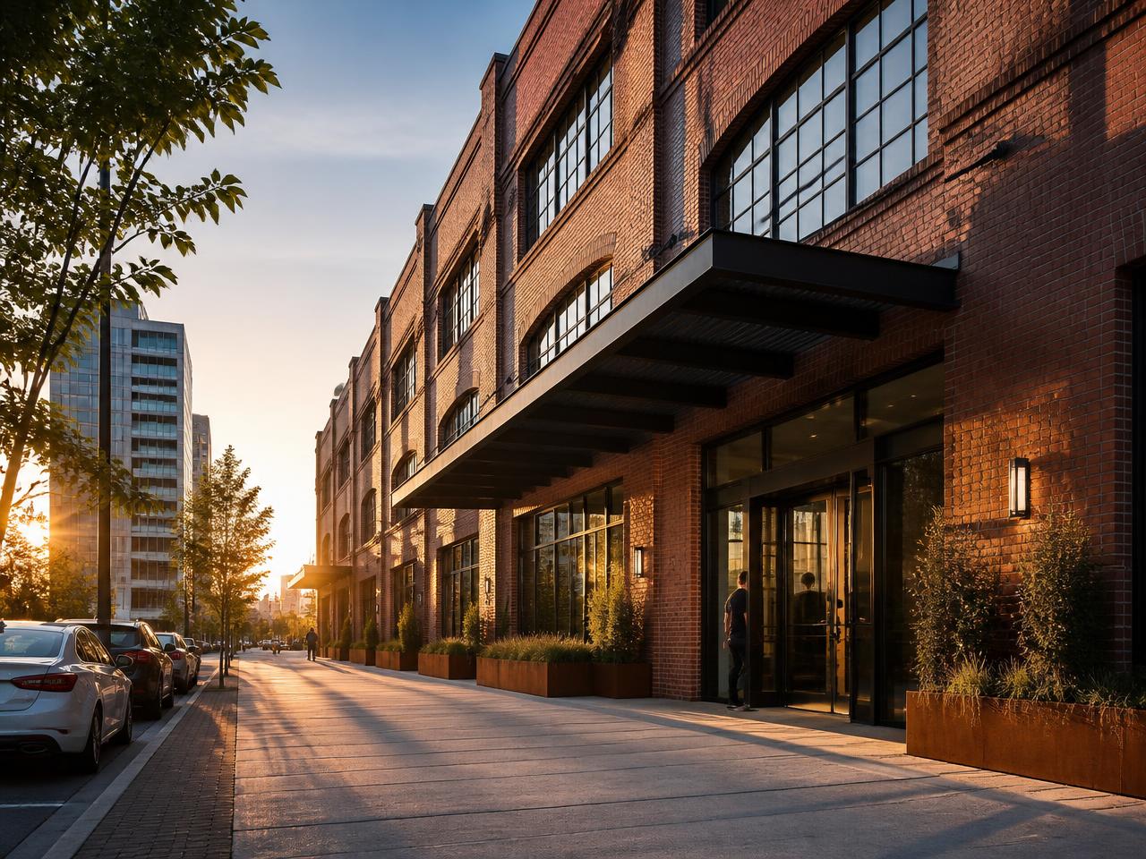 Brick warehouse converted to offices with a steel entry canopy, shown at golden hour from street level