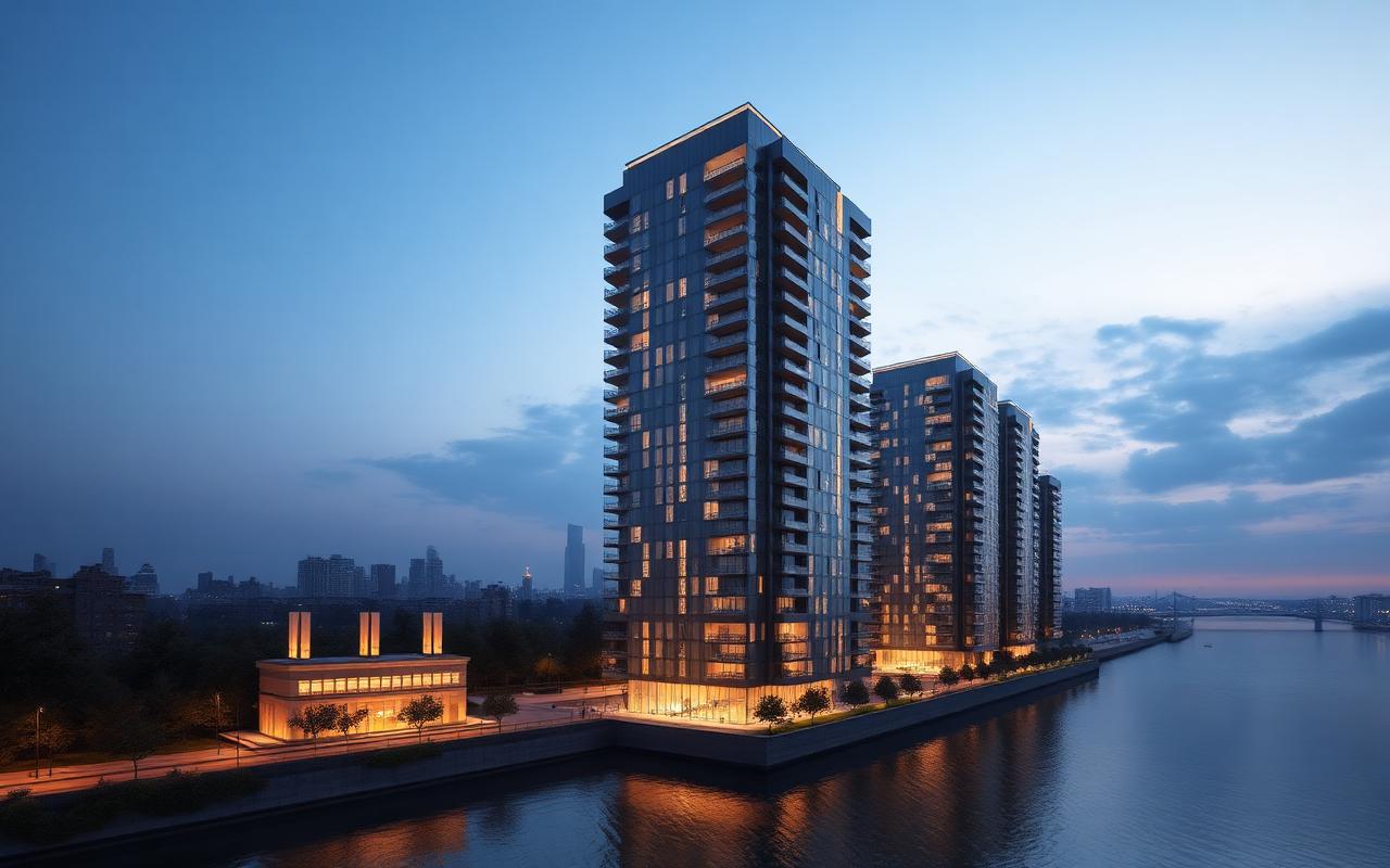 Slender high rise residential tower in warm dusk light beside a reflective river, rendered in Corona 12