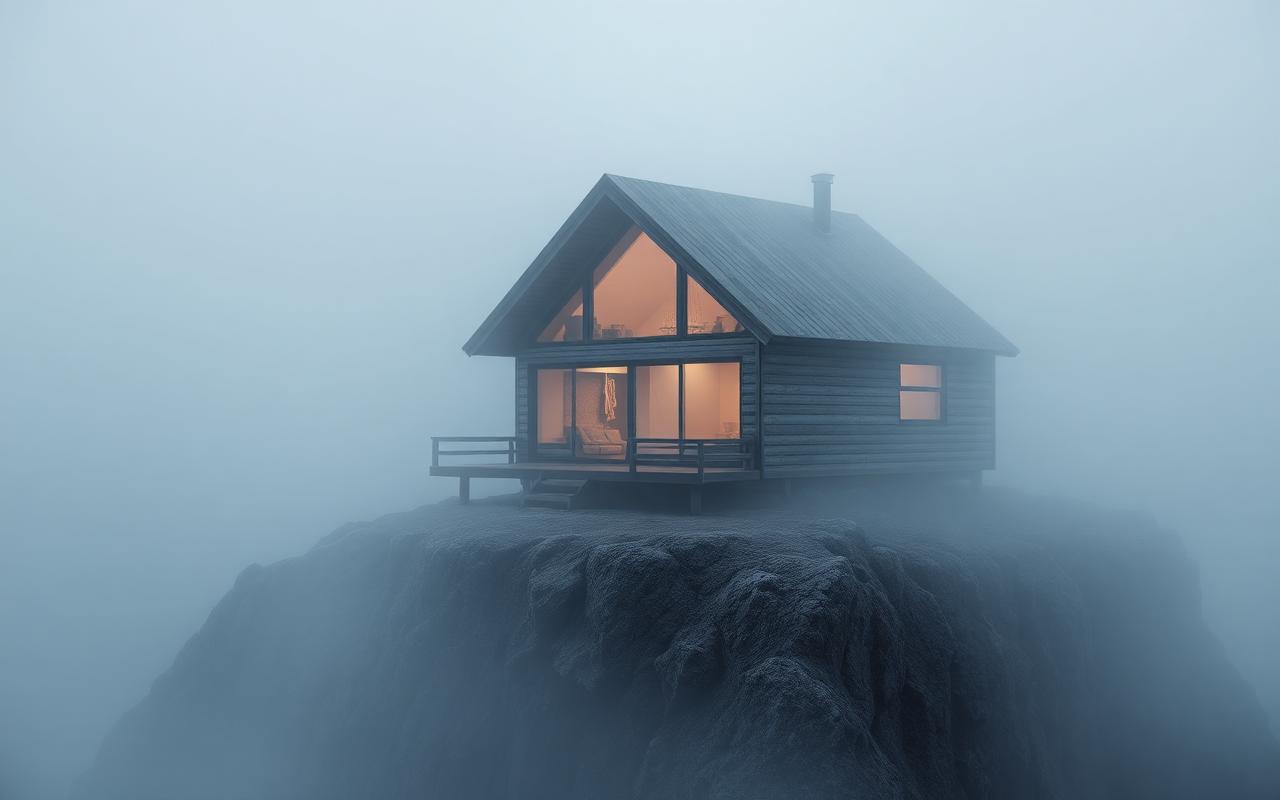 Small dark timber cabin isolated on a rocky coast wrapped in dense sea fog, rendered in Blender with Cycles X