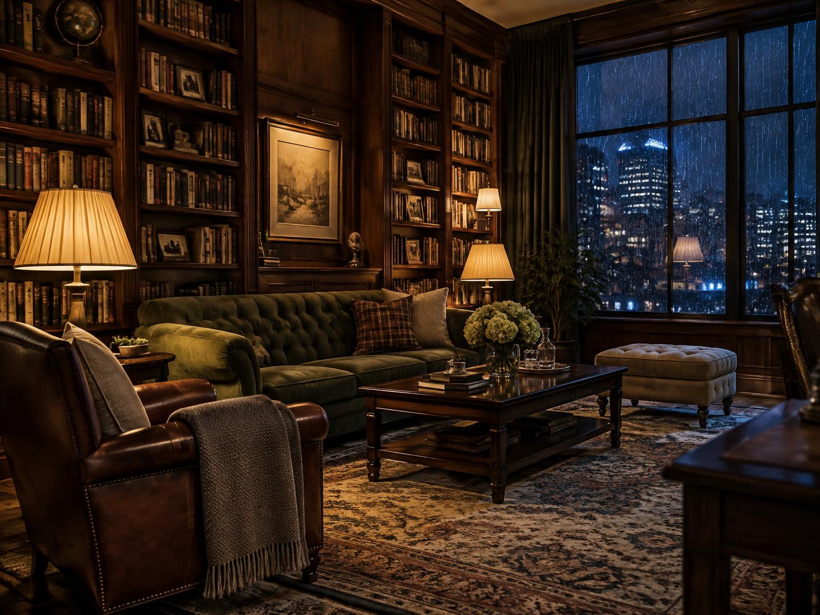 Walnut library reading room at night lit by warm 3599K table lamps with a rain streaked window showing blue city light, rendered in Corona 12
