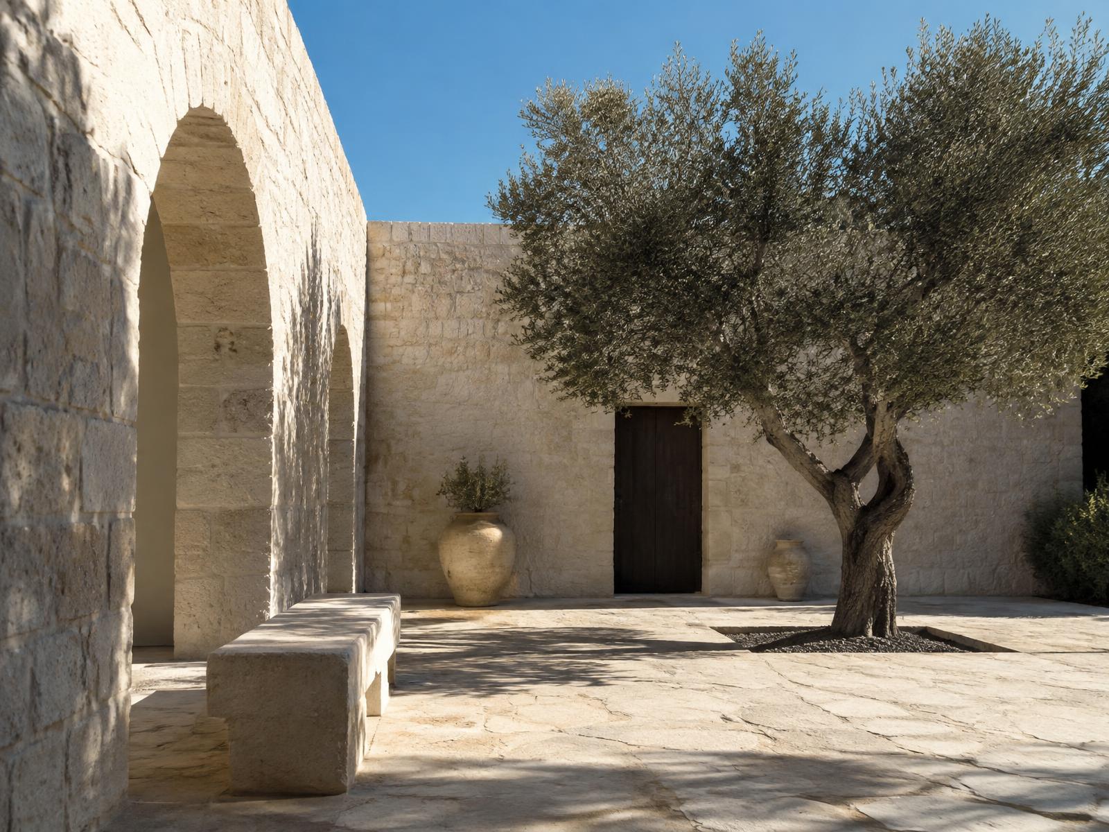 Sun bleached limestone courtyard at midday with hard raking shadows across a stone bench, rendered in V-Ray 7