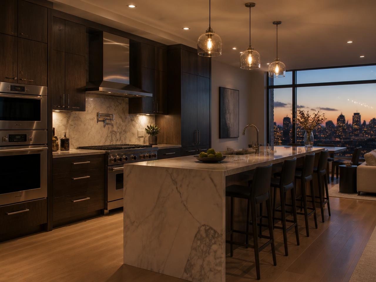 Dark oak and marble loft kitchen lit warmly at dusk with a city skyline visible through full height glazing