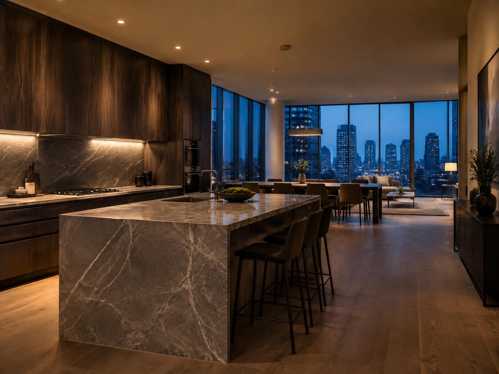 Dark oak and marble loft kitchen lit warmly at dusk with a city skyline visible through full height glazing