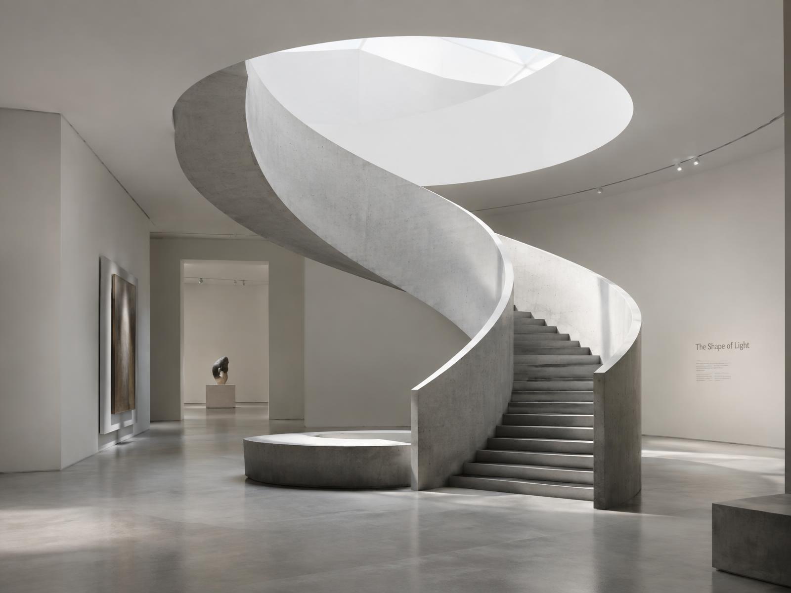 Minimalist white museum atrium with a helical concrete staircase lit by soft north facing skylight, rendered in Corona 12