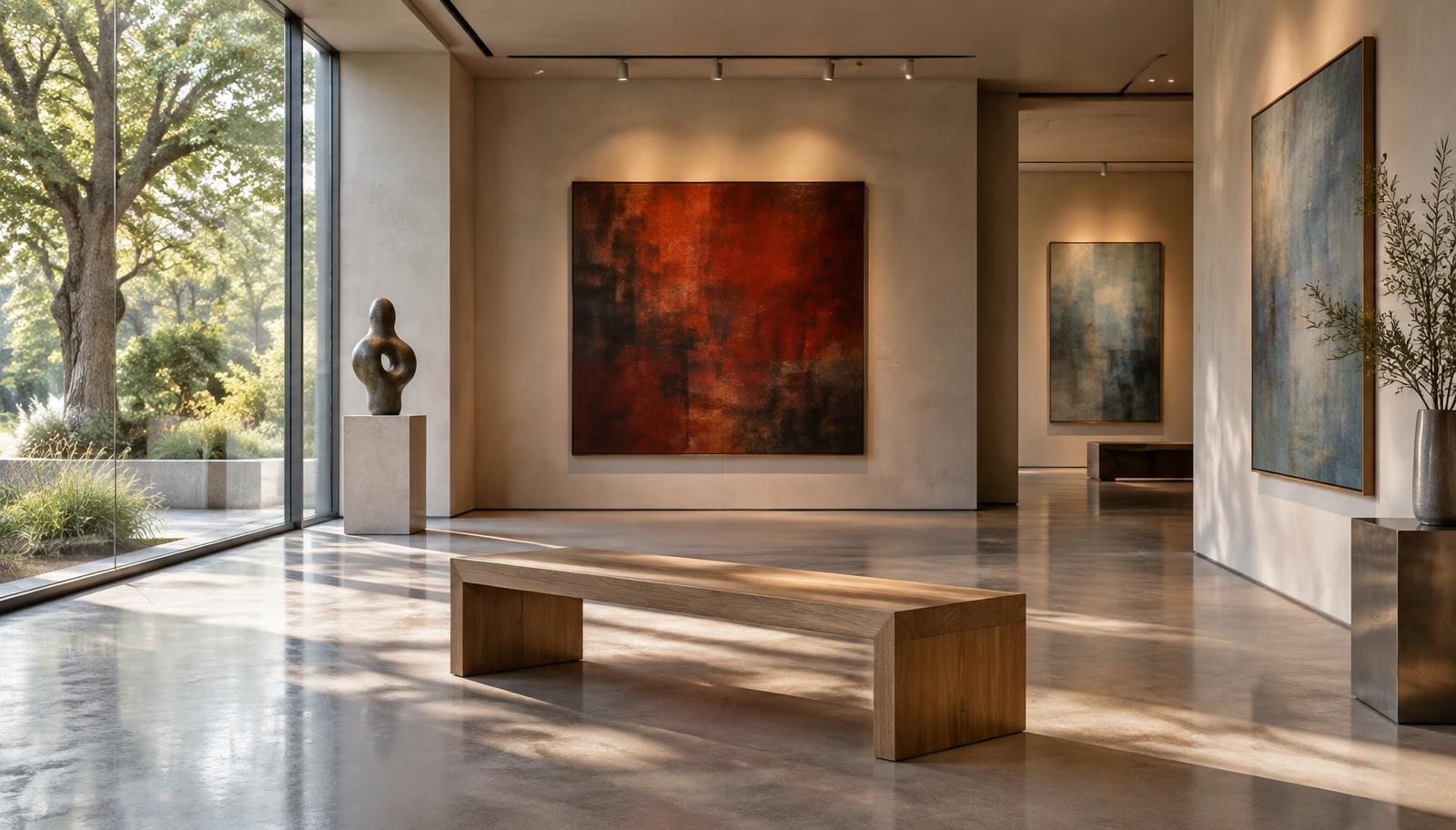Architectural gallery interior rendering with pale plaster walls, large red and blue artworks, an oak bench, window daylight and warm track lighting