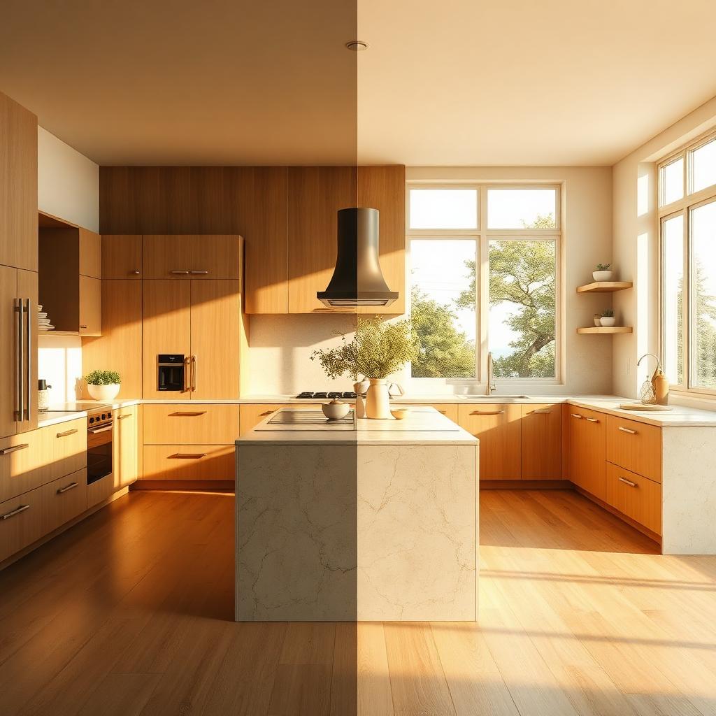 Split image of the same warm sunlit contemporary kitchen with travertine island, oak cabinetry and pale flooring, left half processed with Filmic and right half processed with AgX color transform in Blender