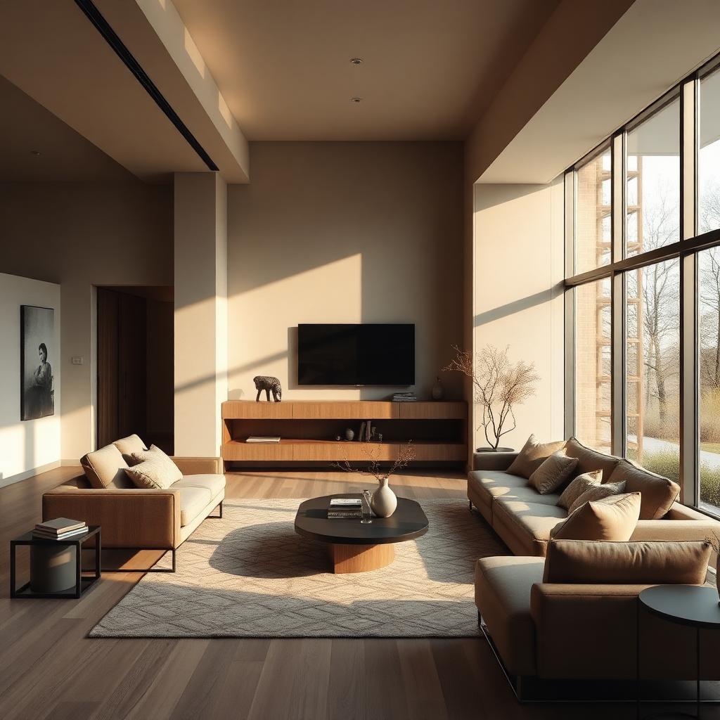 Warm minimalist living room interior with AI generated concept overlays blended into the final render, illustrating a concept to production workflow