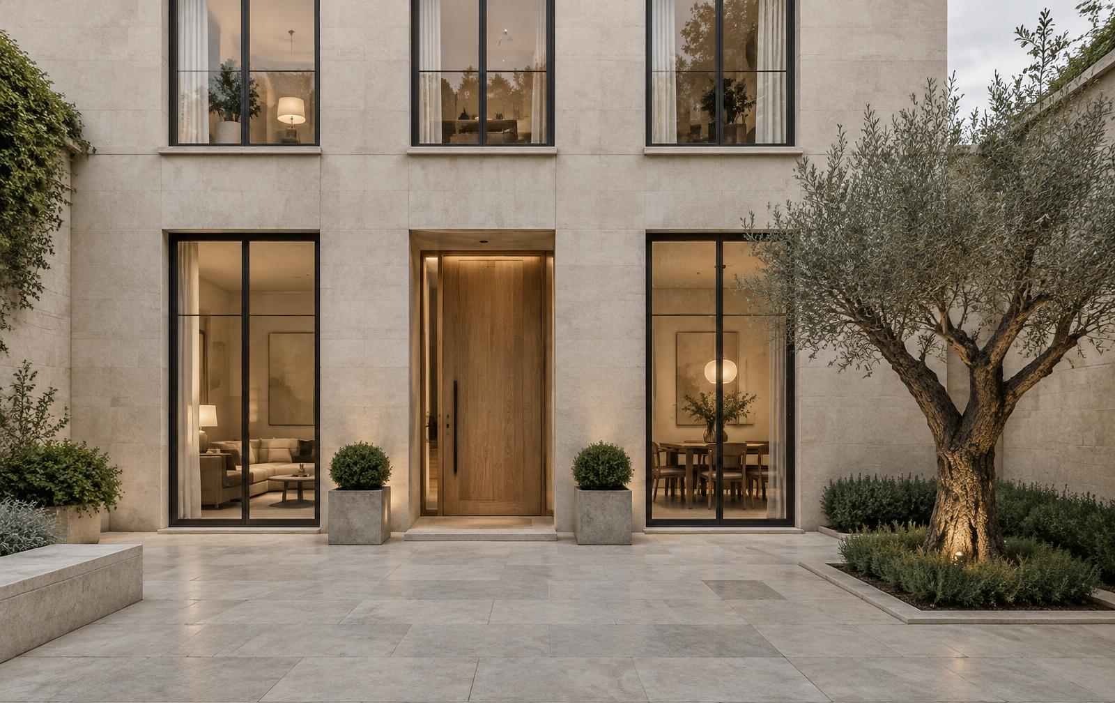 Illustrative limestone townhouse courtyard with aligned dark-framed windows, a timber entrance, stone paving and an olive tree