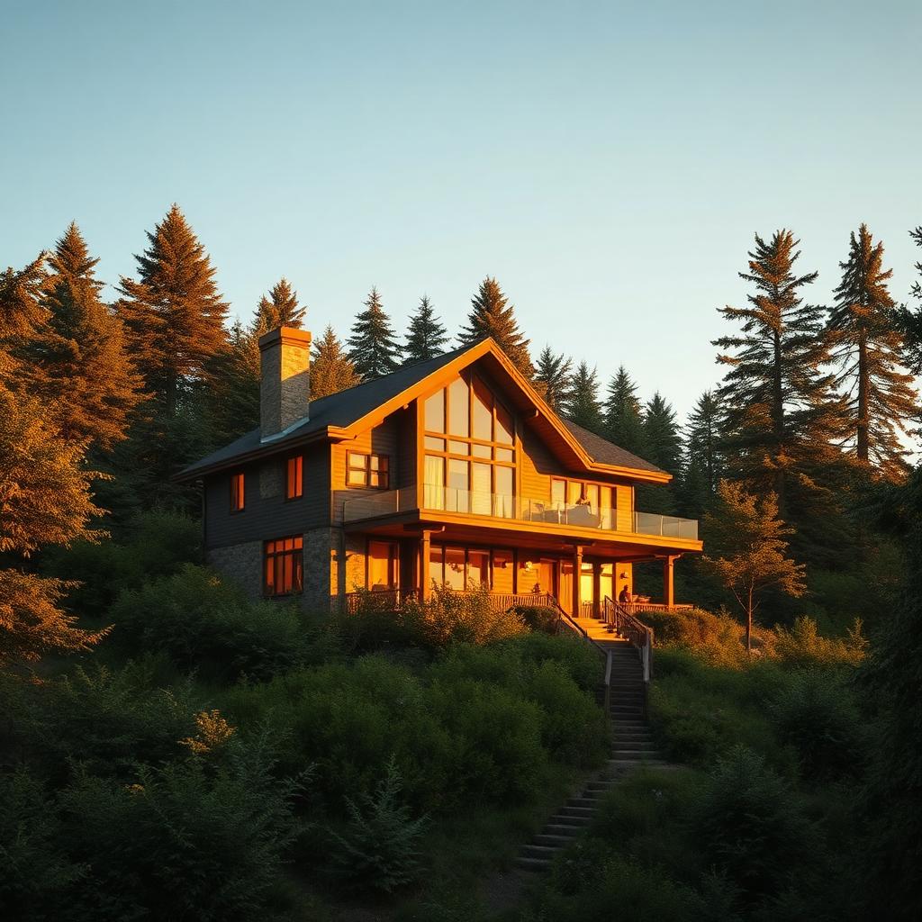 Warm golden hour exterior of a hillside timber house surrounded by lush AI enhanced vegetation and entourage, produced for an animated flythrough delivery