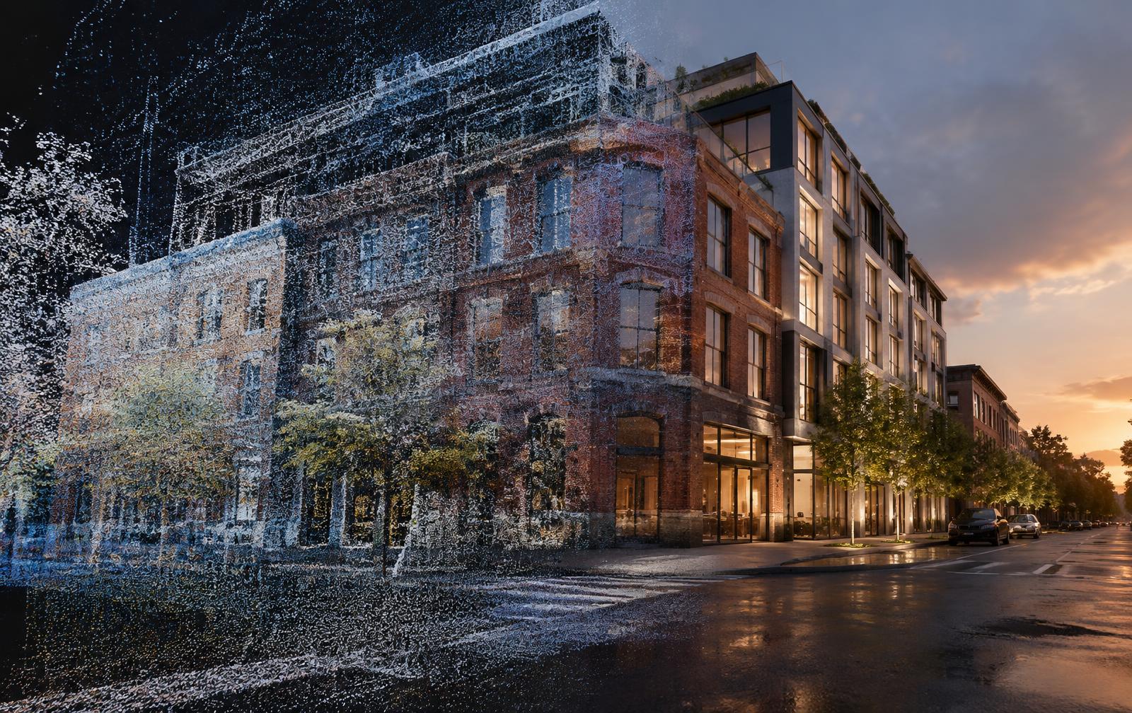 Existing brick street block shown as a speckled point-based capture on the left, transitioning into a clean rendered new building on the right at dusk