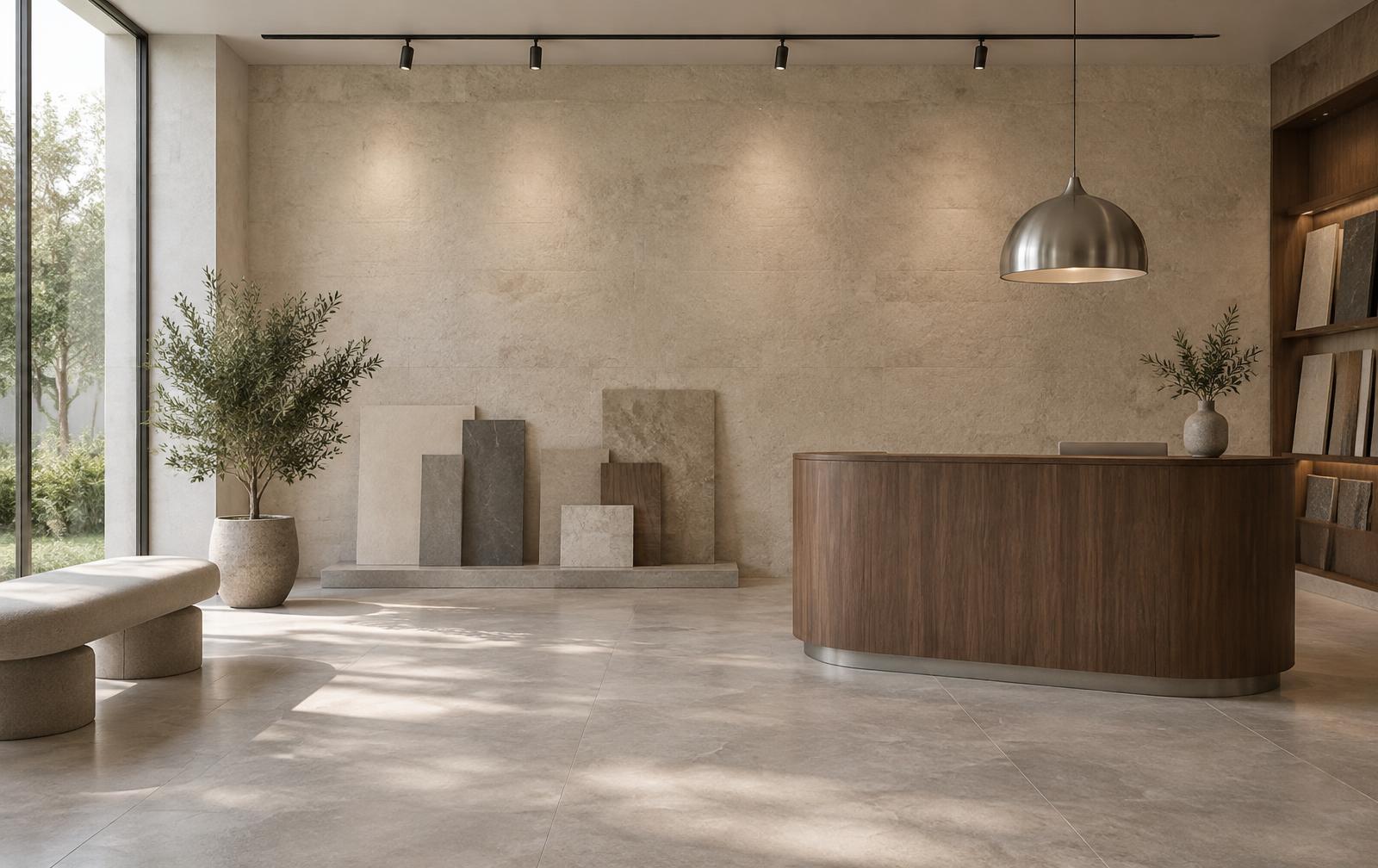 Illustrative material showroom with limestone walls, square stone floor tiles, a curved timber desk and a metal pendant under daylight