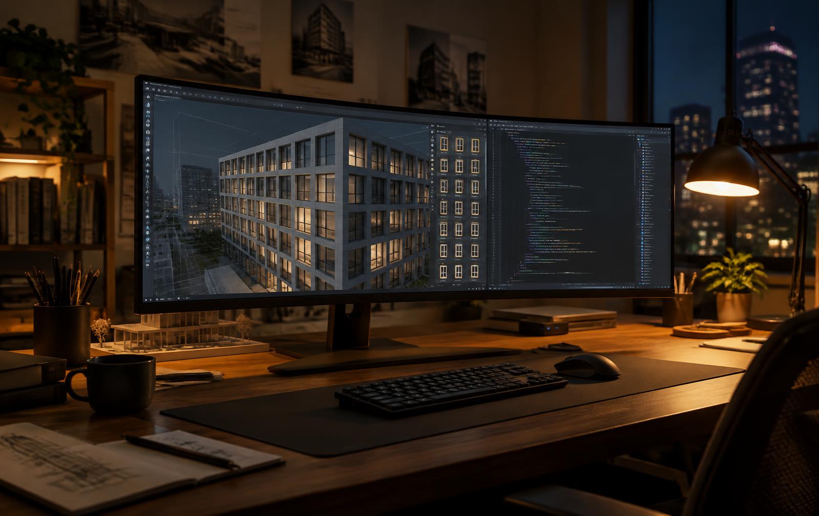 Night studio desk with an ultrawide monitor showing a 3D viewport of a gridded facade beside a code editor, lit by a 3599K desk lamp