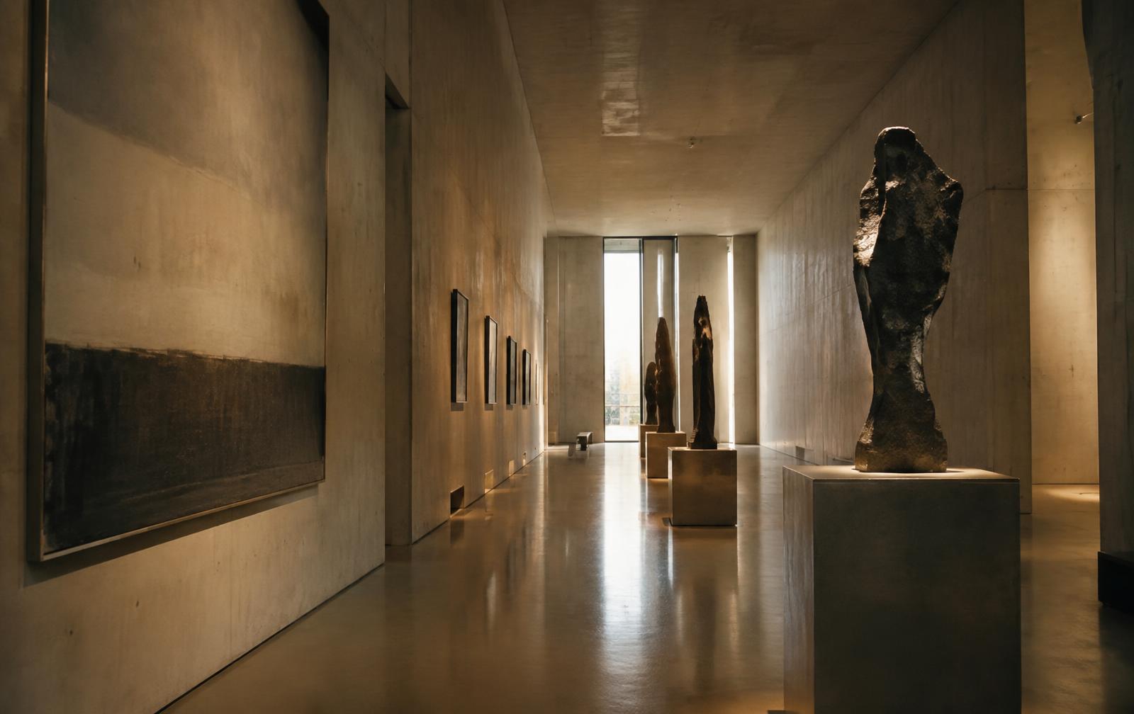 Long concrete gallery corridor with sculptures on plinths, warm 3599K lighting and a tall window at the far end