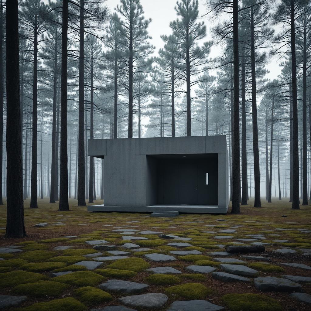 Small brutalist concrete pavilion set in a misty Nordic pine forest, moss covered stone floor in the foreground, soft diffuse morning light, rendered in Blender 4.3 with Cycles X