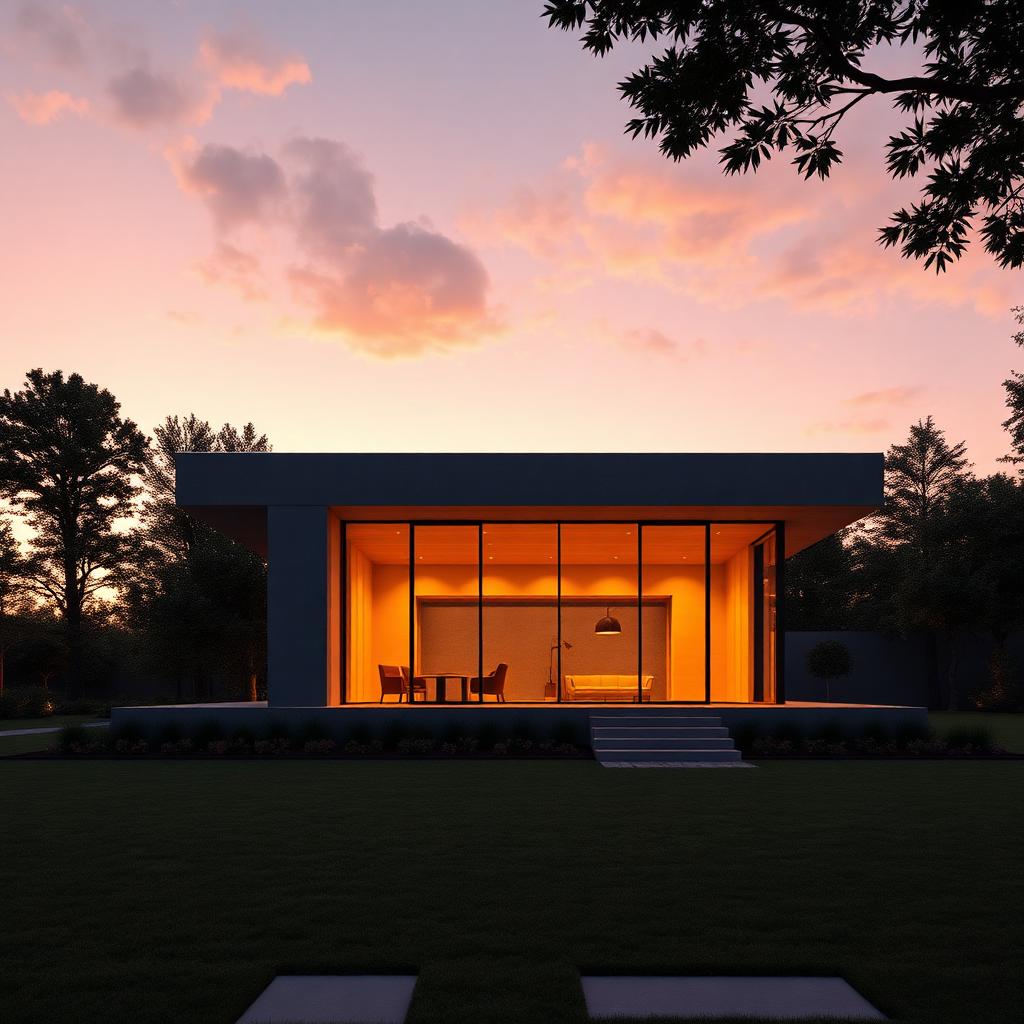 Minimal modern glass and concrete pavilion at dusk with warm interior lighting, produced at comparable output quality in either Blender or 3ds Max