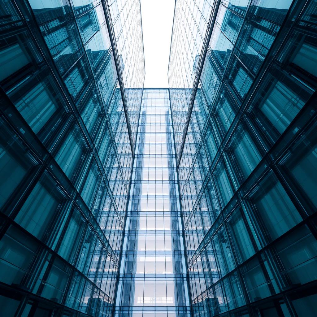 Symmetrical low angle one point perspective view of a modern glass office building interior atrium looking up towards the sky
