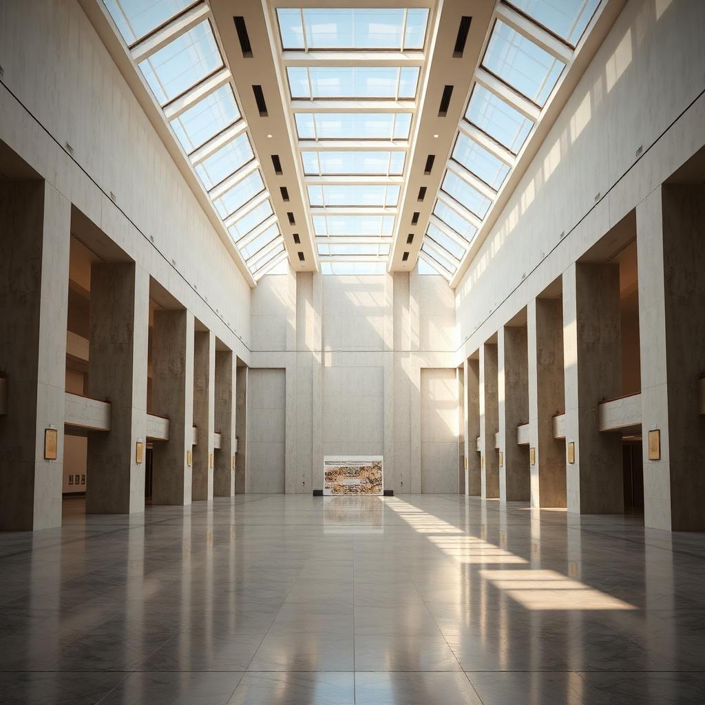 Grand museum atrium interior with polished limestone walls and floors, dramatic ceiling skylights casting angled beams of daylight across the space, rendered in Chaos Vantage real time raytracing at full scene scale