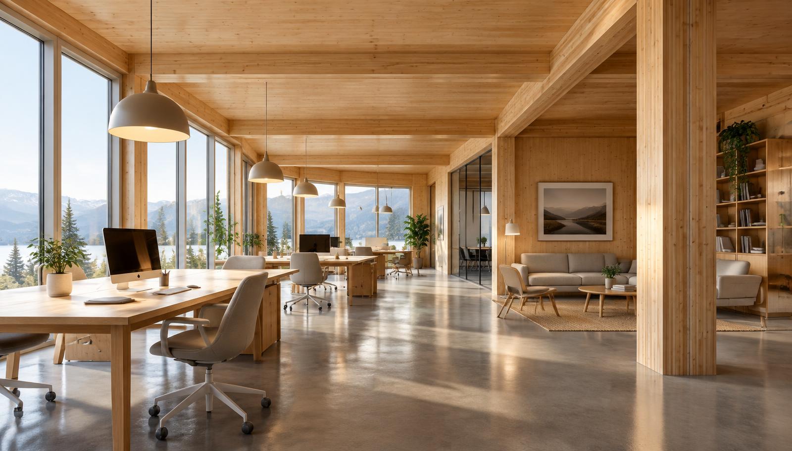 Open plan mass timber office interior with exposed cross-laminated spruce ceiling and glulam columns, visible panel joints and lamella grain, lake and mountain view glazing, warm 3599K pendant lamps and polished concrete floor