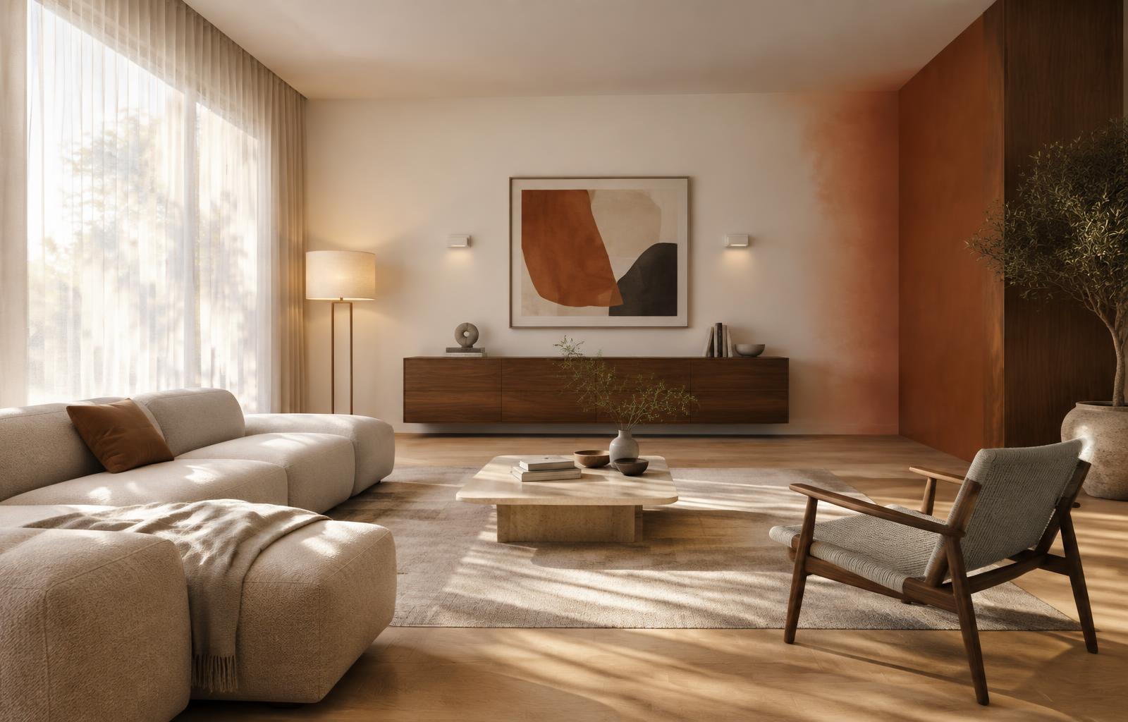 Minimalist living room with white walls picking up a subtle warm bounce from a terracotta accent wall and walnut joinery, sheer curtains diffusing afternoon sun and a 3599K floor lamp glowing beside the sofa