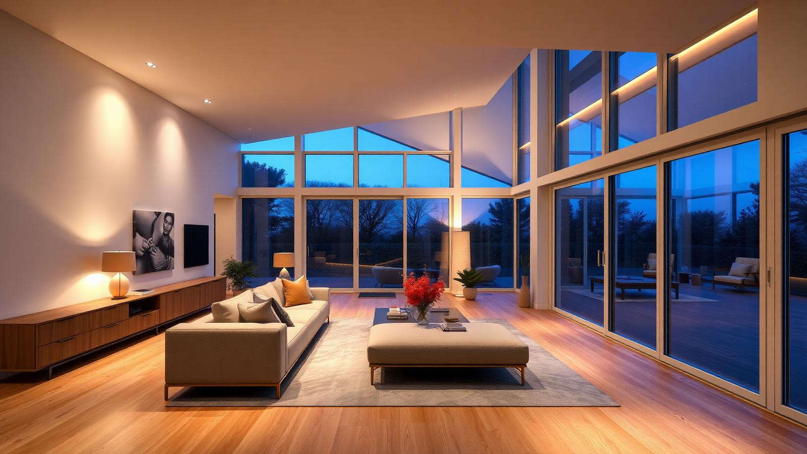 Open plan living room at dusk lit by warm 3599K downlights and floor lamps with blue evening sky through full height glazing