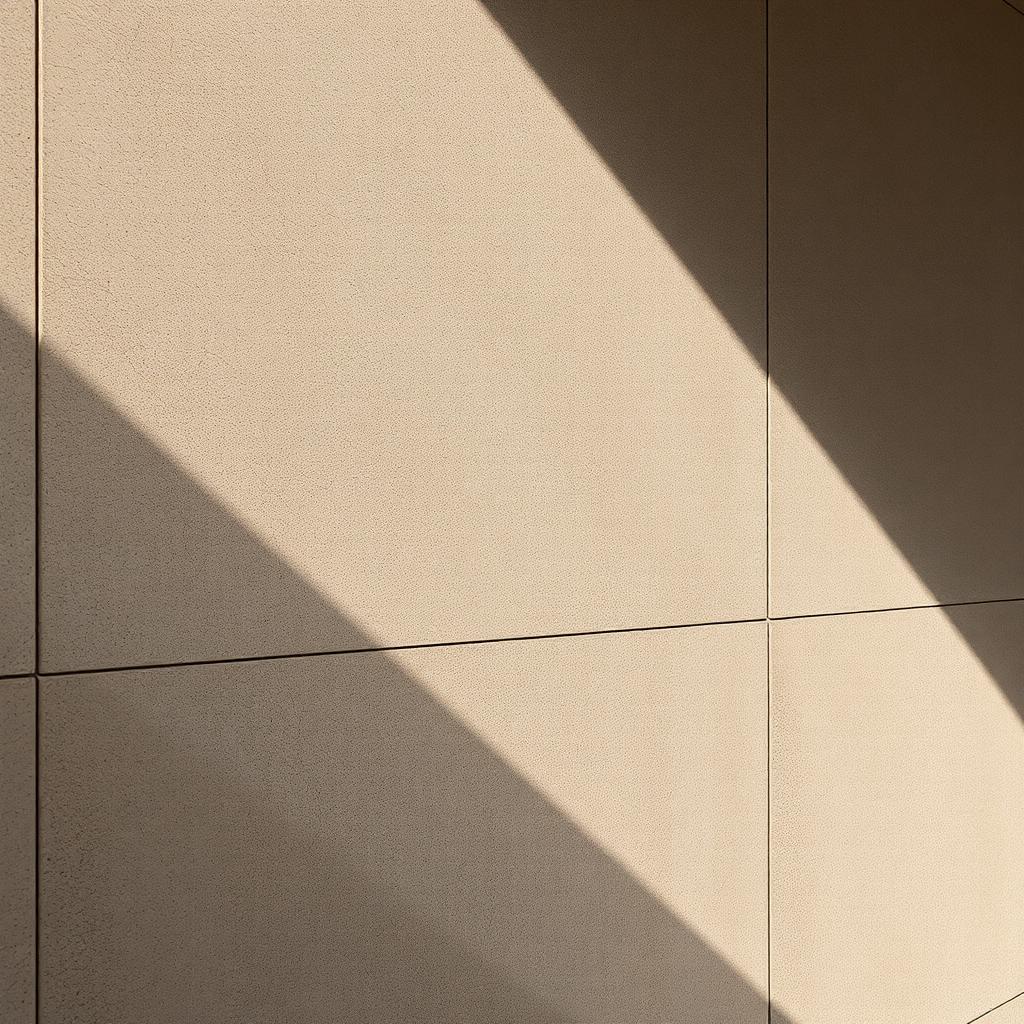 Close up detail of a warm concrete wall with visible board formwork lines, subtle horizontal staining, and long raking shadow from raking afternoon sun catching the surface texture