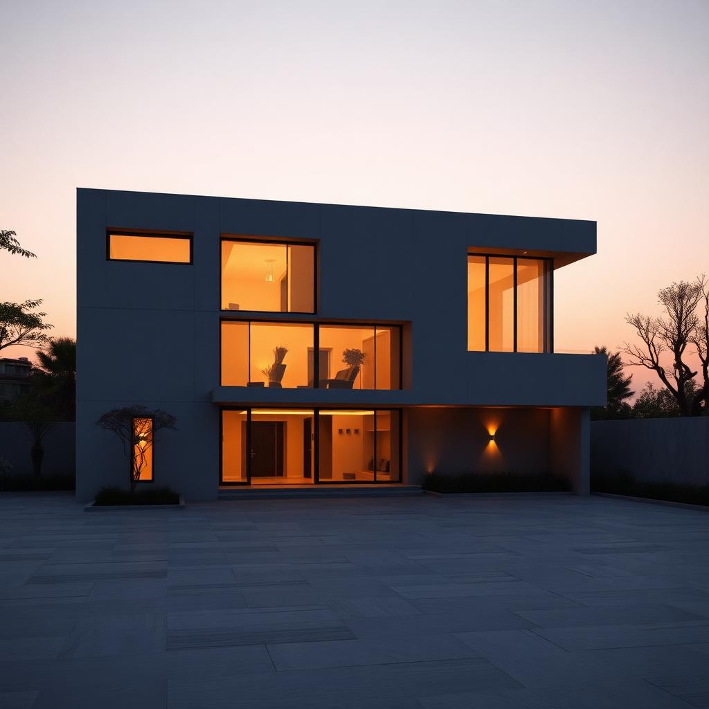 Modern three storey concrete villa exterior photographed at dusk with warm interior lighting glowing through floor to ceiling glazing, rendered in Corona 12