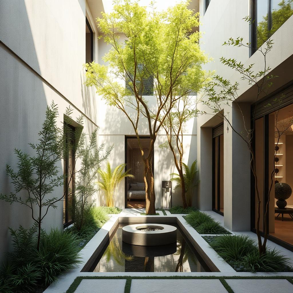 Modern residential courtyard with white walls, single tree, small reflecting pool and dappled sunlight, viewed from ground level