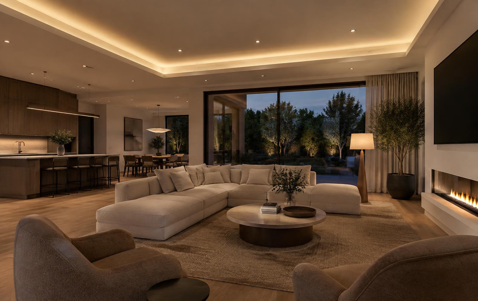 Evening interior render of an open plan living space with cove lighting washing a plaster ceiling, recessed downlights, warm 3599K table and floor lamps, oak flooring and a linear fireplace