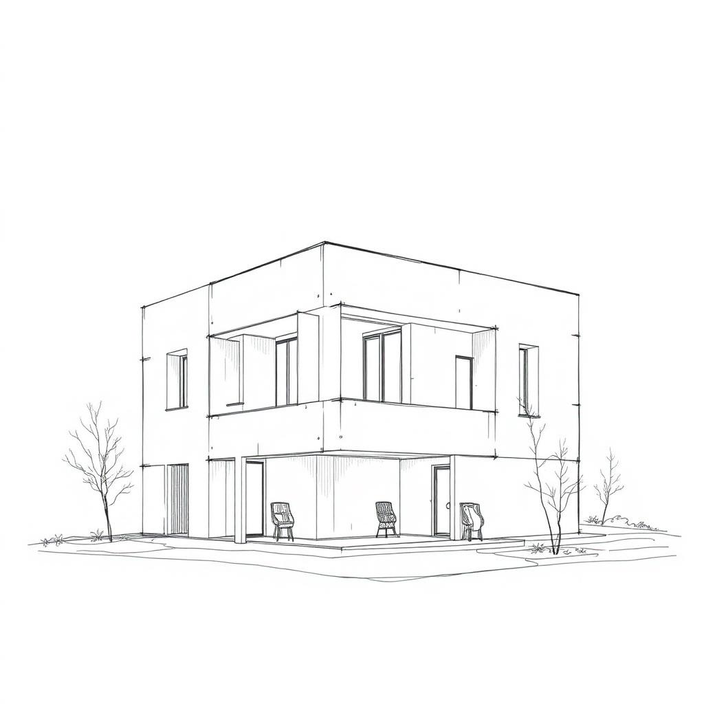 Line drawing style architectural sketch of a two storey modern building with clean lines, minimal shading and simple entourage
