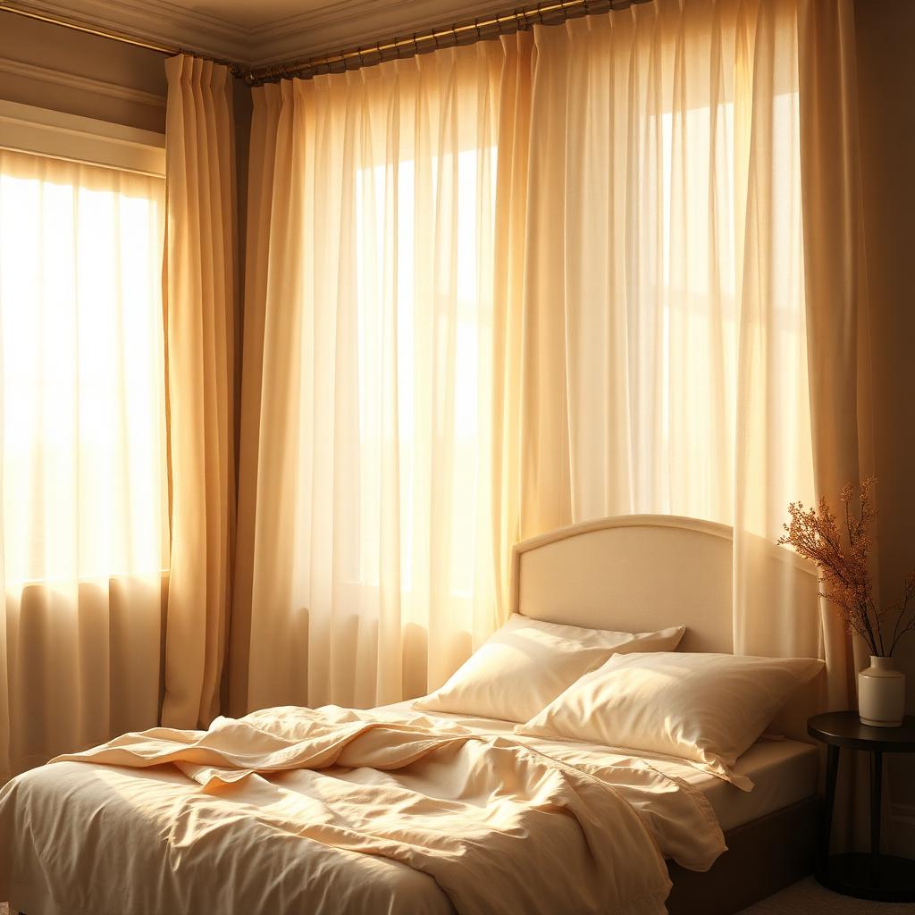Elegant bedroom interior with sheer cream linen curtains catching warm morning sunlight, subtle folds and translucency in the fabric, dark warm walls, layered white bedding and a small side vase