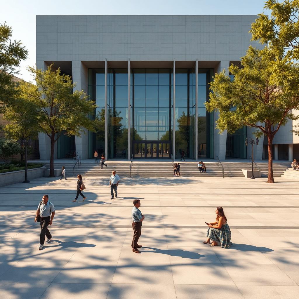 Warm afternoon plaza in front of a contemporary limestone museum entrance with a handful of pedestrians walking, standing and sitting on the steps at natural scale in casual arrangement