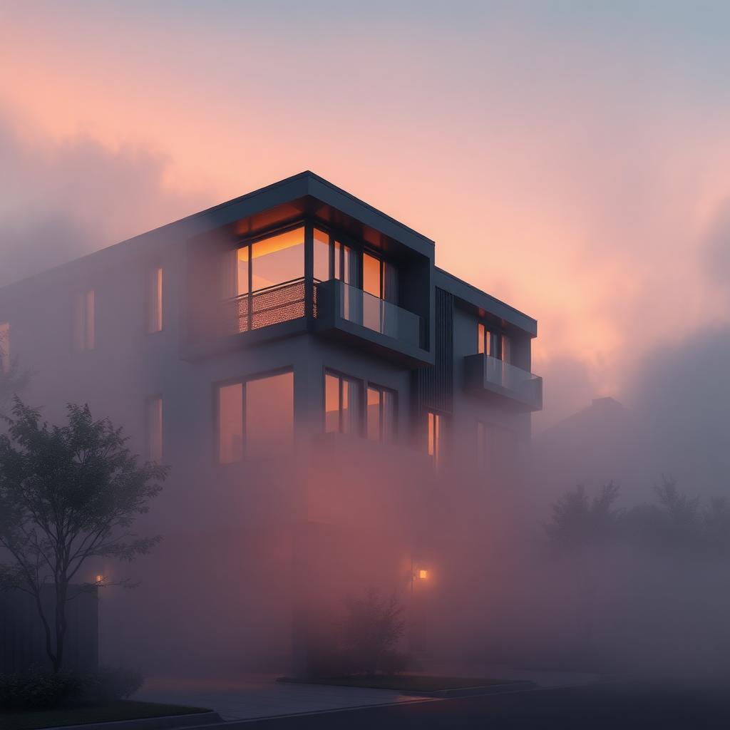 Modern residential building at dawn wrapped in thick atmospheric fog with warm interior lights glowing through the mist