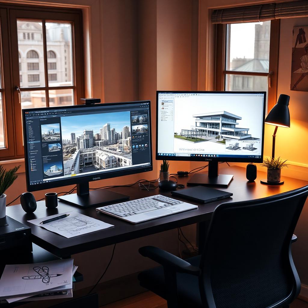 Freelance archviz artist workspace with dual monitors showing 3d software and architectural reference, keyboard, notebook, and warm evening light
