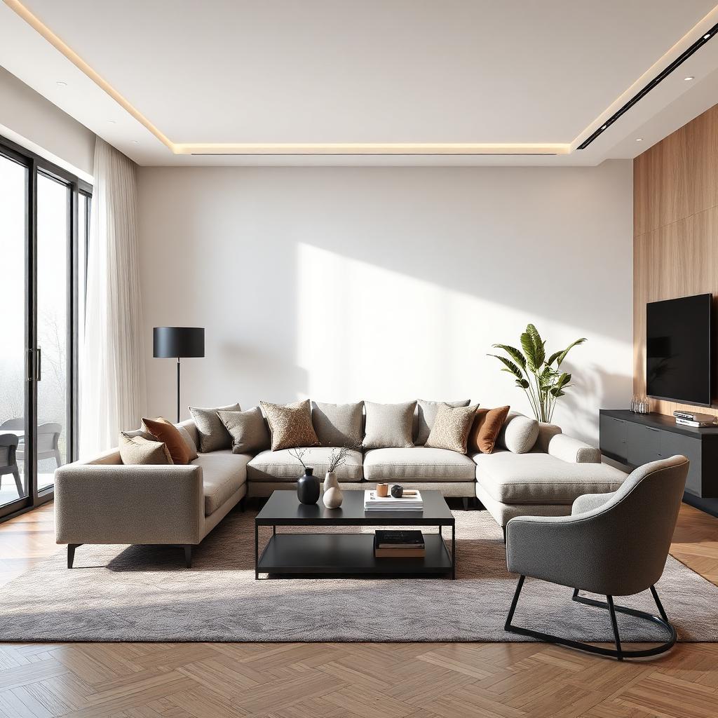 Modern furnished living room with L shaped grey fabric sofa, black coffee table, plant, and warm natural light from large window