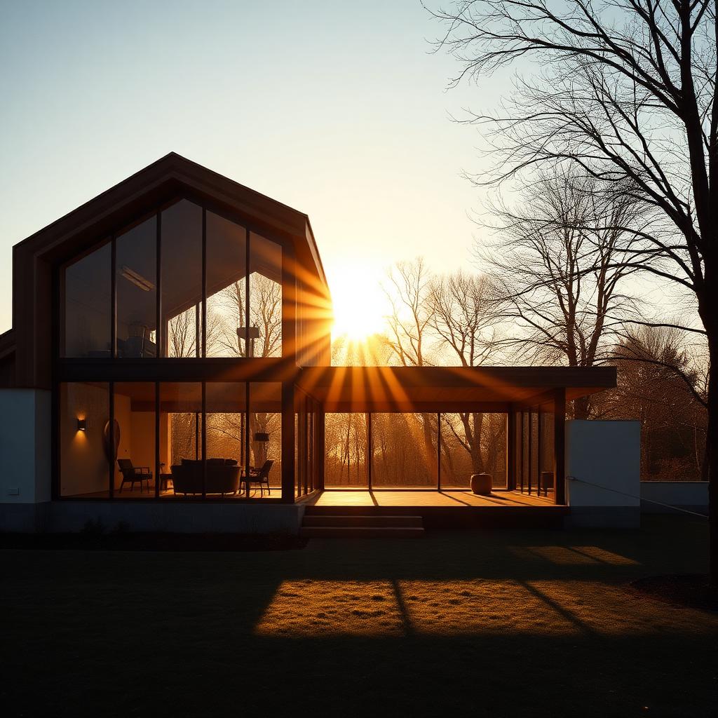 Timber and glass single storey house at golden hour, long shadows raking across cut grass toward a cantilevered entry canopy, rendered in V-Ray 7