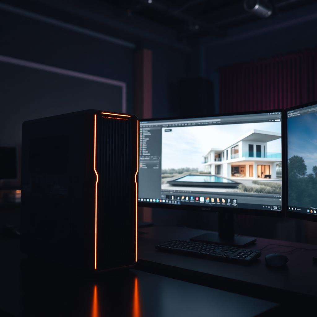 Professional archviz workstation with a large RTX GPU tower glowing softly next to dual monitors showing a modern villa render in 3ds Max at dusk