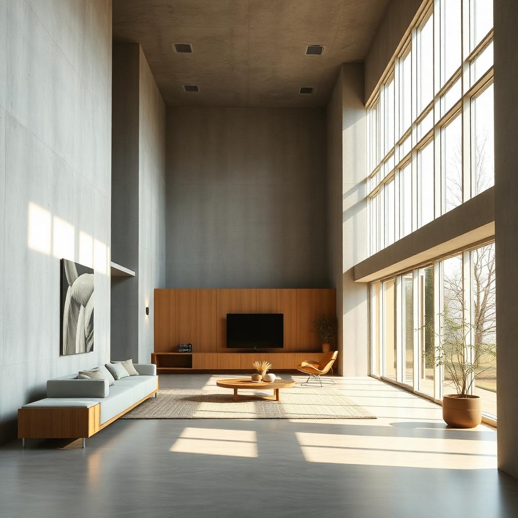 Double height concrete living room with warm oak media wall and floor to ceiling glazing on the right, morning HDRI dome light casting soft window shadow patterns across the floor