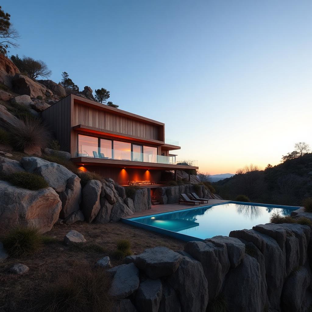 Cantilevered timber and concrete villa perched on a rocky hillside above an infinity pool at dusk, low 21mm camera angle looking up at the projecting volume, rendered in 3ds Max with Corona