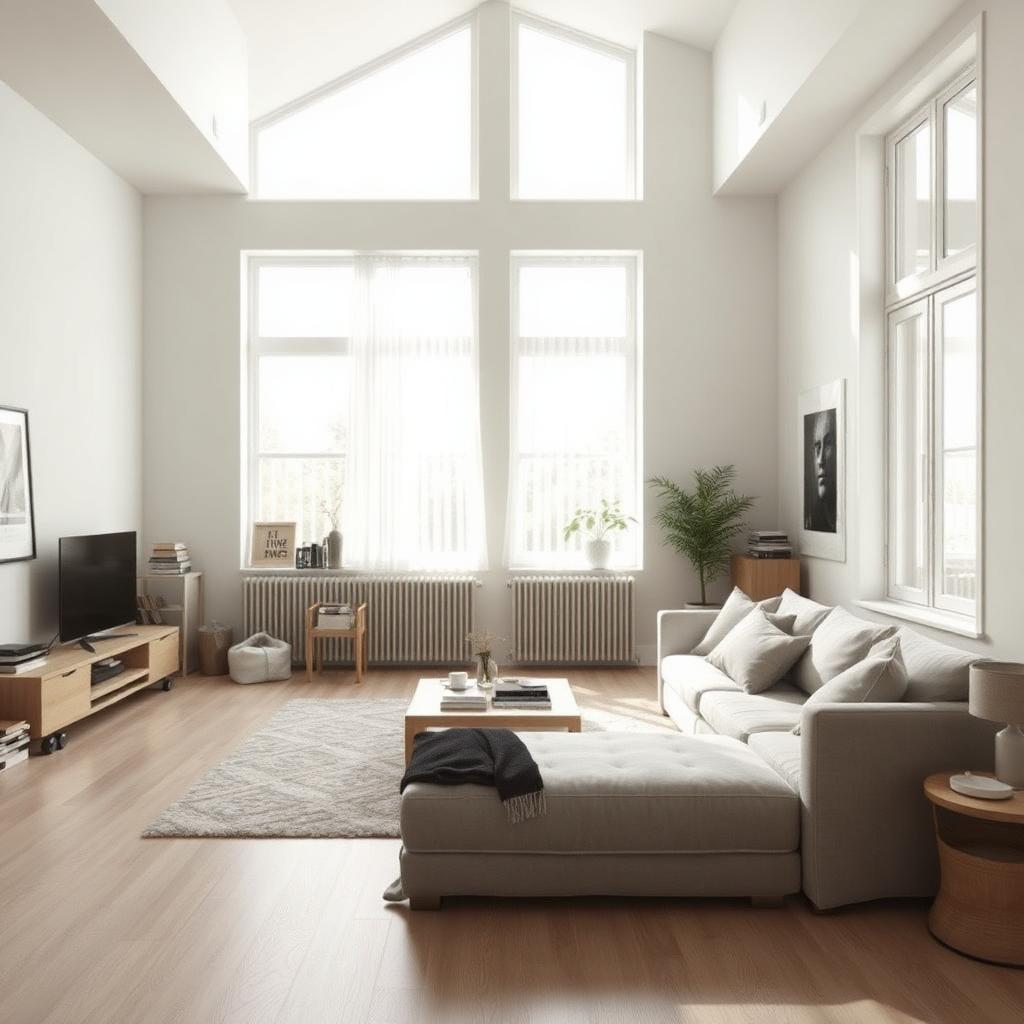 Sunlit contemporary living room with tall south facing windows, a low linen sofa, brass floor lamp, and wide oak plank flooring catching a raking morning light