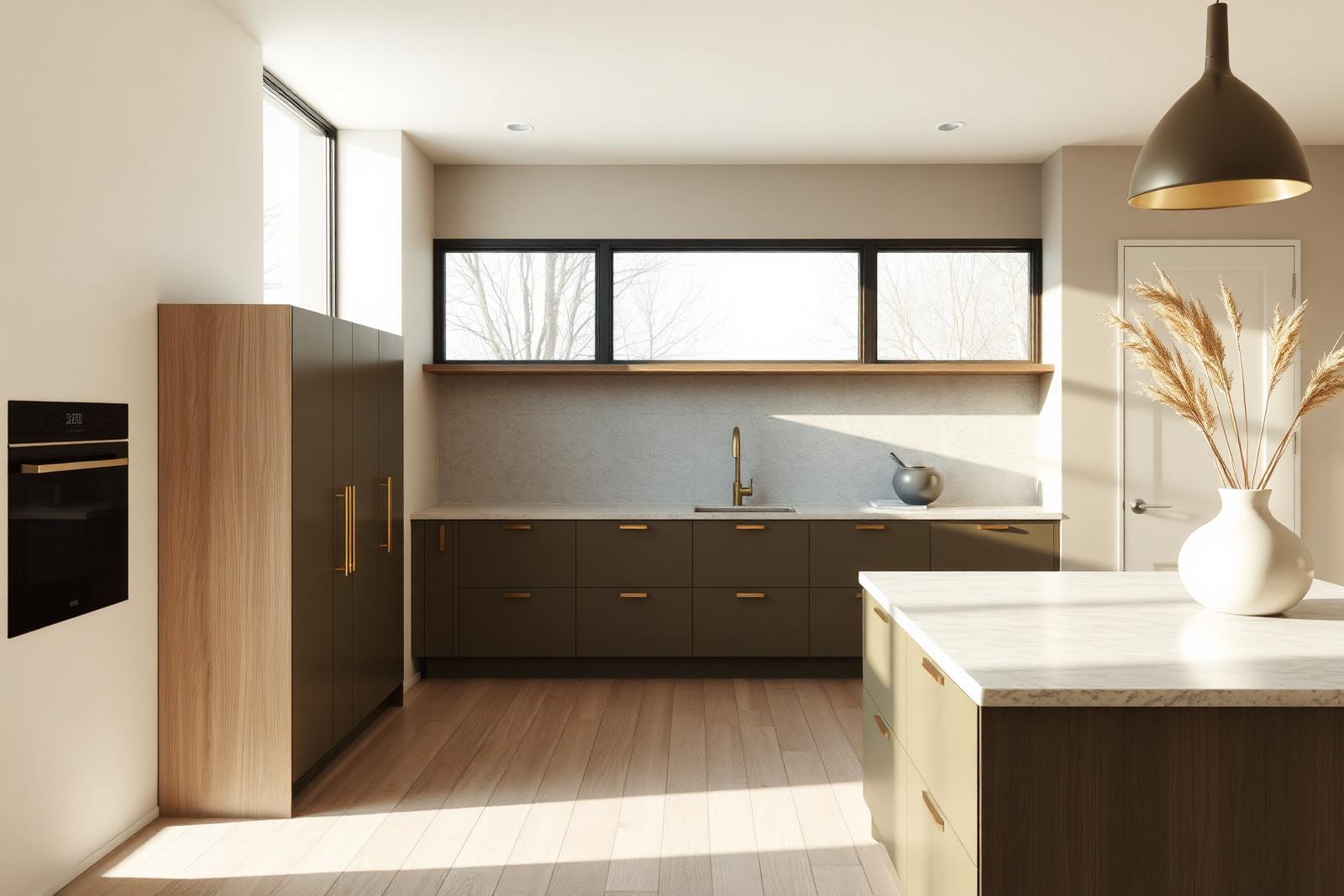 Muted olive mid-century kitchen with pale oak flooring, travertine island and brushed brass hardware, lit by soft north facing morning daylight, rendered in Corona 12