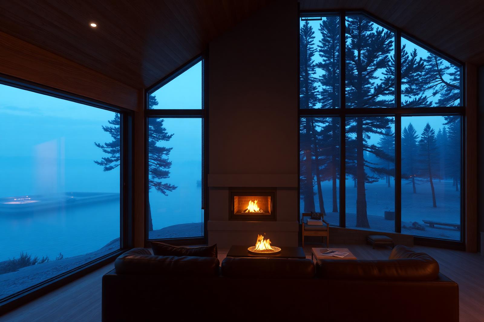 Contemporary lakeside cabin interior at twilight with a small fire in a blackened steel fireplace and a picture window looking out to a misty lake and pine trees, rendered in Unreal Engine 5 with Lumen