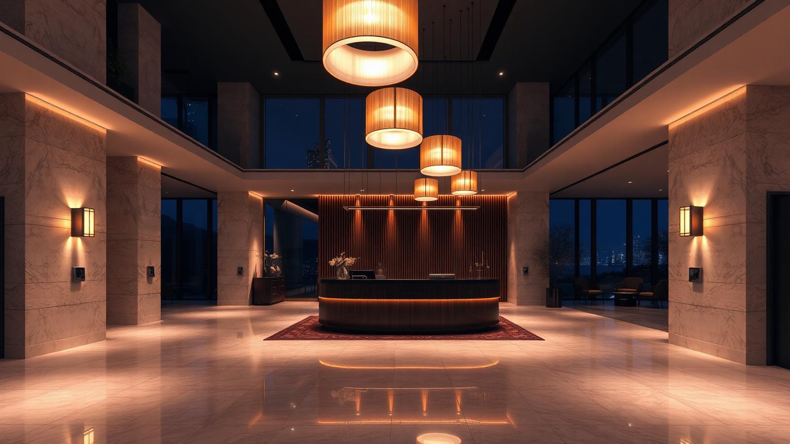 Contemporary hotel lobby at night with warm 3599K cove lighting, drum pendants over a timber reception desk and polished stone floor