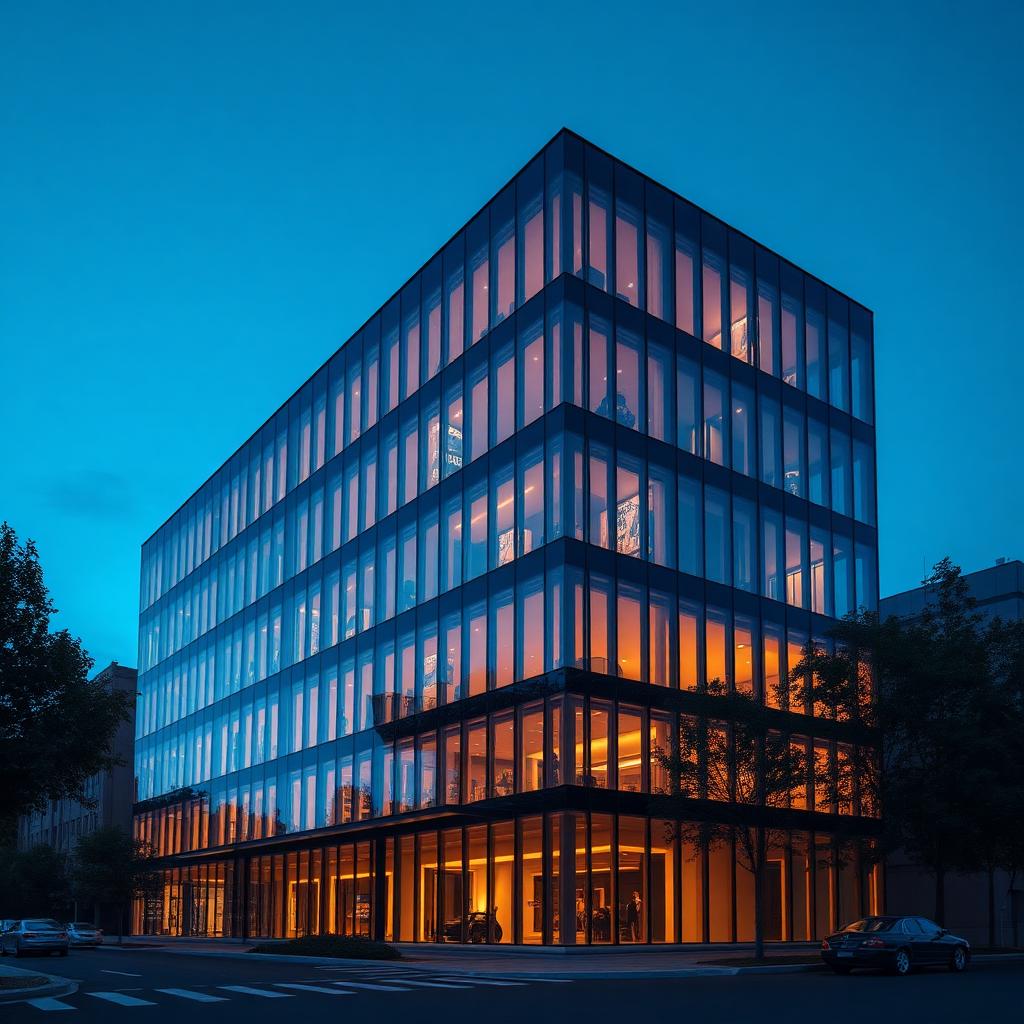 Contemporary six storey office building with a glass and dark aluminium facade at night, warm interior office lighting glowing through the glass at every floor, deep royal blue sky above with subtle city glow
