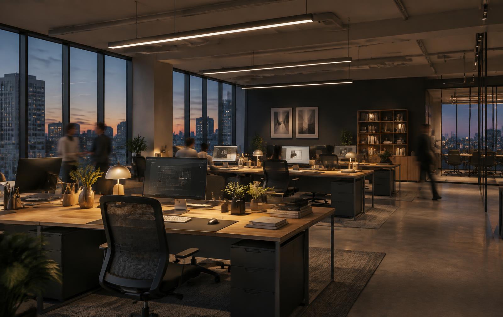 Open plan office interior render at dusk with linear ceiling lighting, warm 3599K desk lamps, city skyline through full height glazing and blurred figures at desks