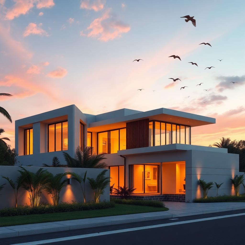 Modern white residential villa at sunset with warm interior lights and flock of birds silhouetted against pastel pink and blue sky