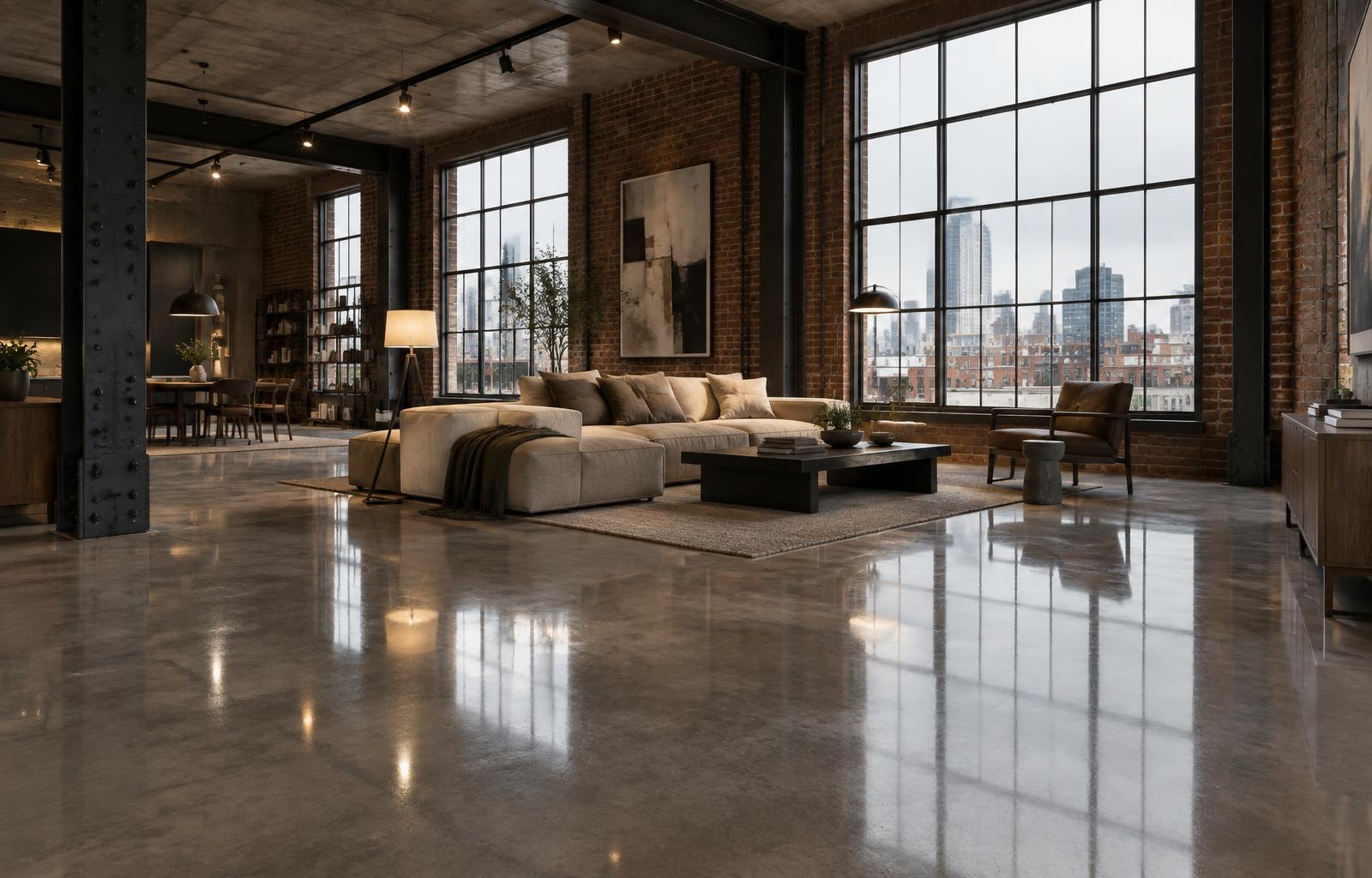 Industrial loft interior with a large polished concrete floor showing satin sheen reflections of tall steel windows, exposed brick walls, steel columns and warm 3599K track lighting against soft overcast daylight