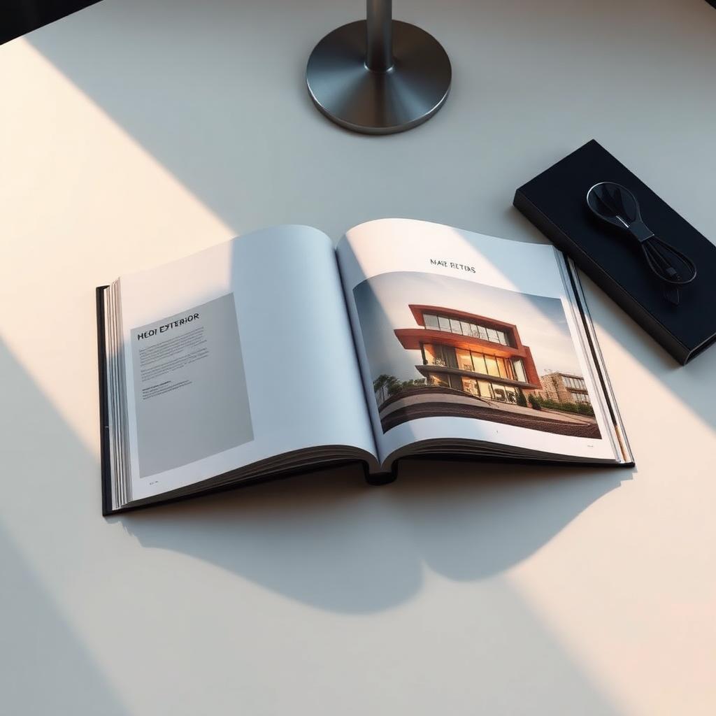 Printed archviz portfolio book open flat on a designer's desk showing a two page spread with a large hero exterior render and a small block of project text